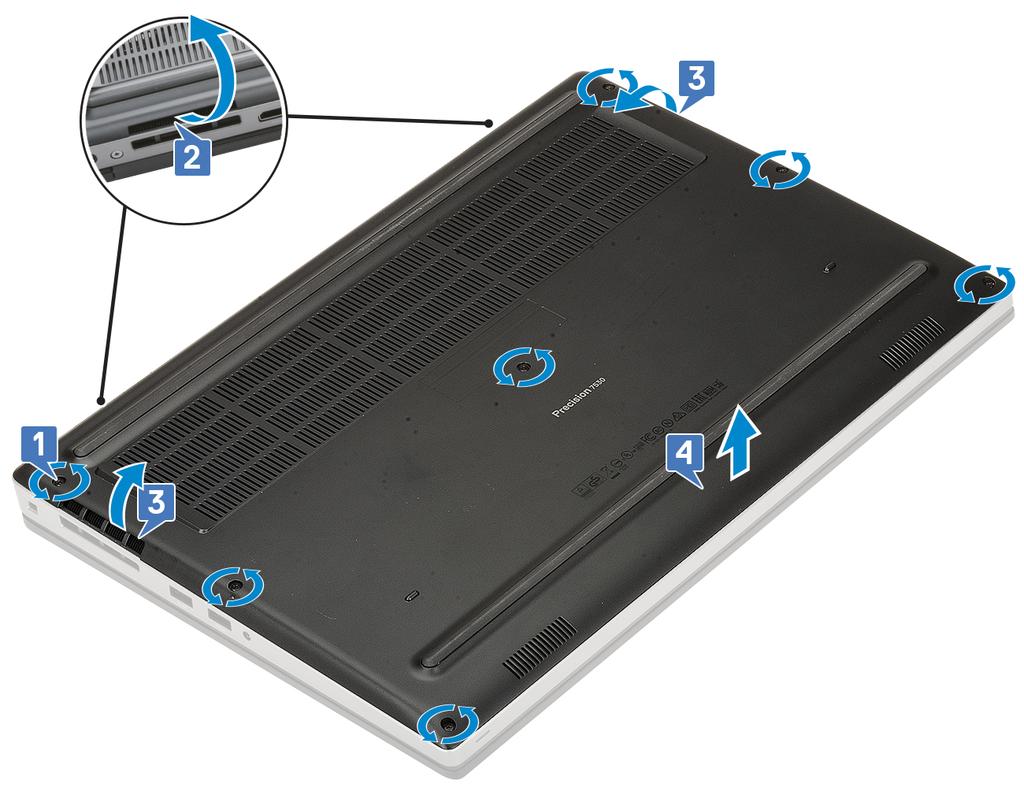 4 Ta bort 4-cellsbatteriet: a Koppla bort batterikabeln från kontakten på batteriet [1].