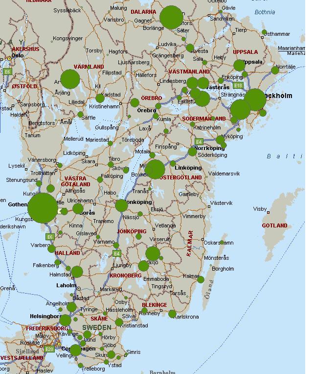 Bild 7.1: Geografisk placering av OKQ8 smörjoljakunder. De tio största kunderna står för ca 65 % av levererad volym.