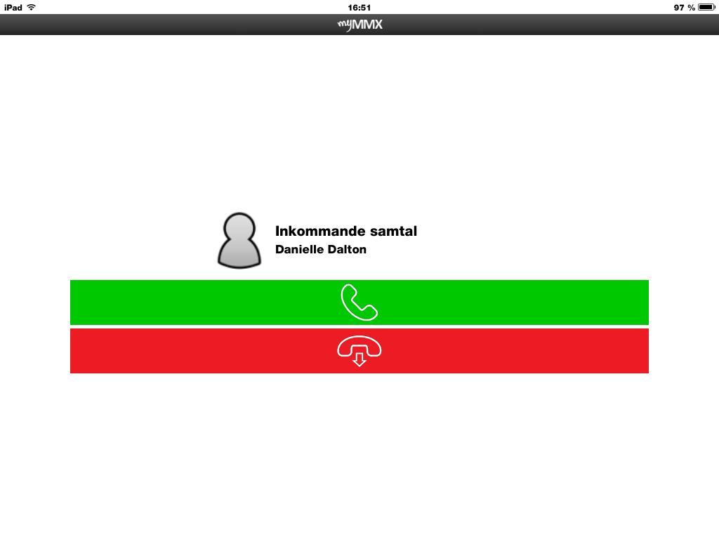 Så här tar du emot samtal: När det ringer syns det inkommande samtalet som i bilden: Tryck på Svara-knappen (grön lur) för att ta emot samtalet Ta inte emot samtalet genom att trycka på