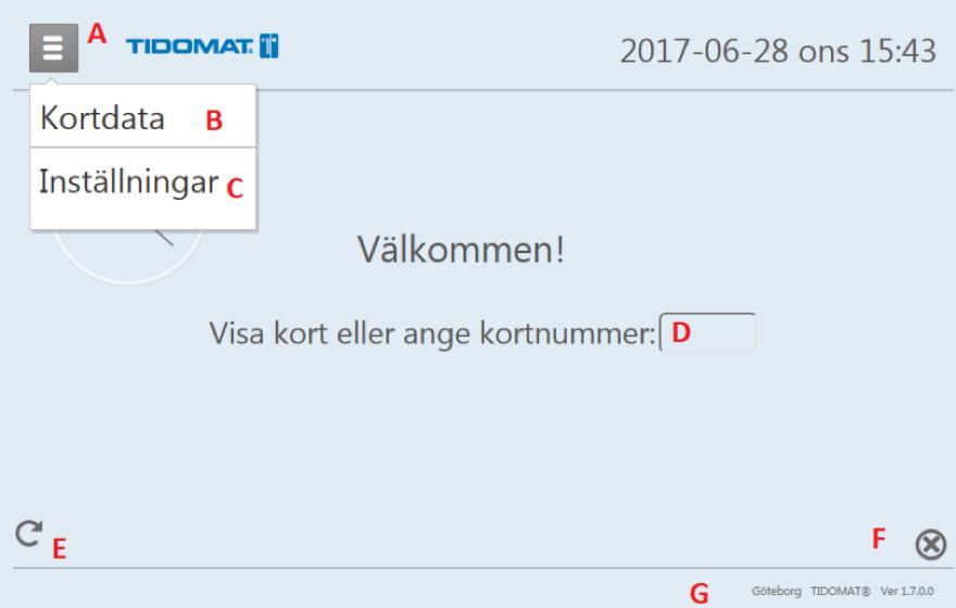 Att jobba i terminalen Tryck på uppdatera (E) som visas längst ner till vänster på skärmen för att uppdatera sidan efter uppstart. A B C D E F G Visar menyval för kortdata och inställningar.