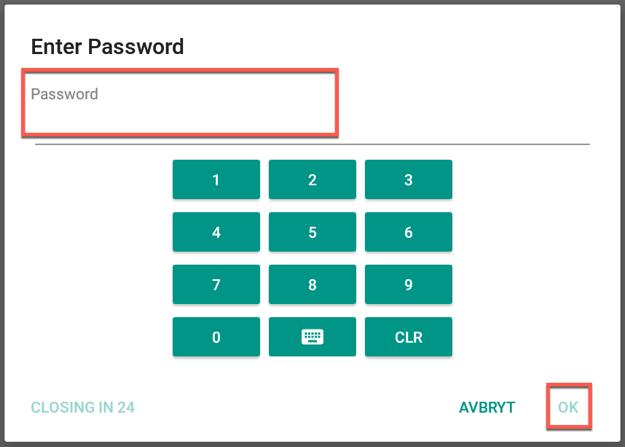 Inställningar och registrering Nedan följer instruktioner för konfigurering och registrering av terminalen. 1. Sökväg till servern 2. Lösenord 3. Spara inställningar 4. Återgå till terminalvyn 5.