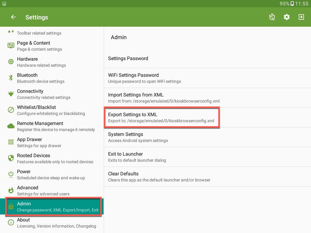 3. Spara inställningar 1. Klicka på inställningsvalet Admin i den vänstra menyn. 2. Välj Export Settings to XML. 4.