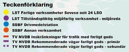 Strax intill mätpunkt 12 på Södra länken finns Västberga industriområde (A), med ett stort antal målpunkter för farligt gods.