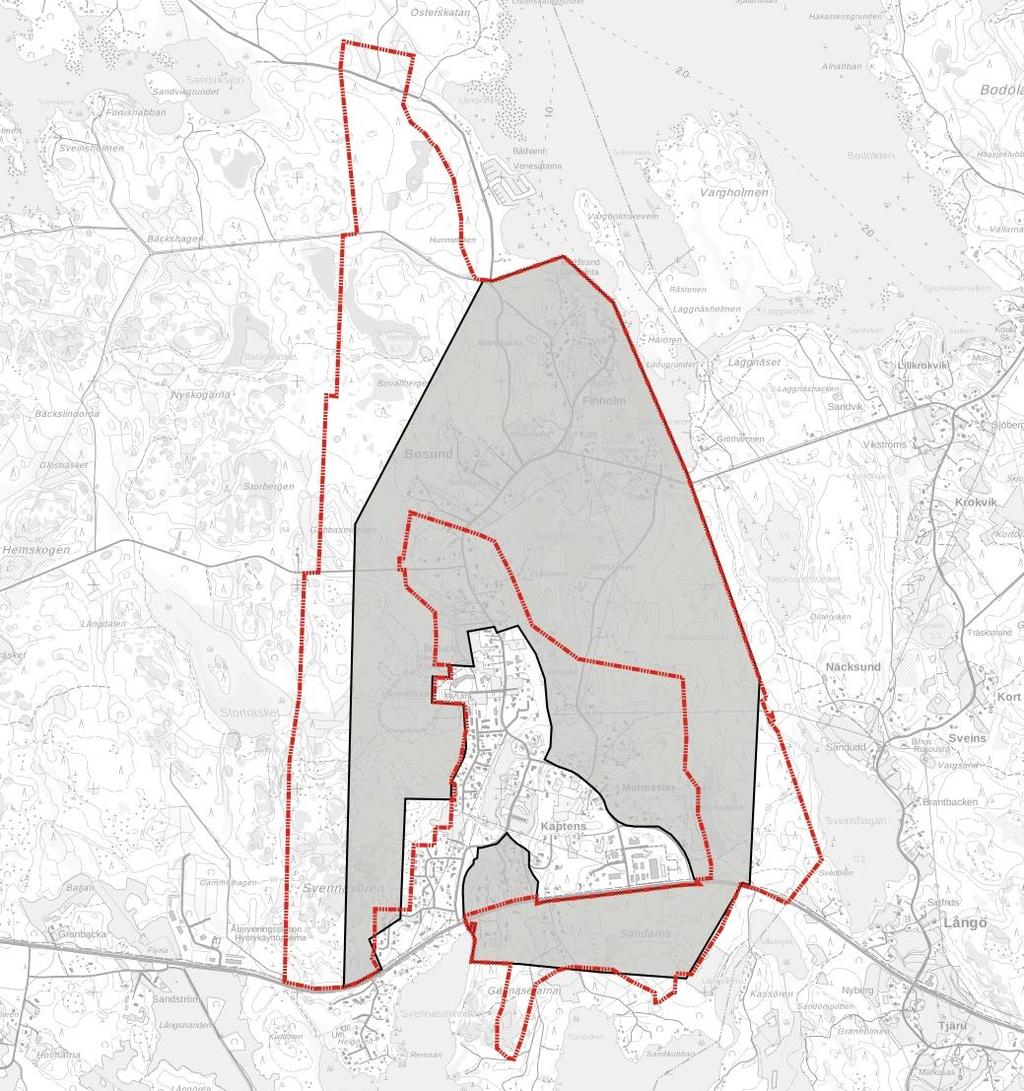 3 Bild 2. Planområdets riktgivande avgränsning i förhållande till gällande delgeneralplan. Ny avgränsning med rött, gällande plan med grått. 3.