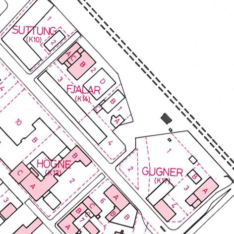 Utdrag ur kartan Uppsala Byggnader från 1988 : Svartmarkerade byggnader är byggnader skyddade enligt lag (ett ställverk). Rosafärgade byggnader är kulturhistoriskt värdefull bebyggelse.