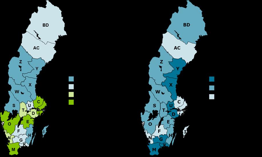 Förväntad procentuell sysselsättningsförändring (16-64 år) mellan kvartal 4 2018 och kvartal 4 2019 Inskrivna arbetslösa 16-64 år som andel av registerbaserad arbetskraft, prognos kvartal 4 2019 AB