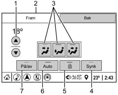 5. O (On/Off) (På/Av) 6. MODE (Styrning av luftfördelning) Bakre klimatdisplay 1. Temperaturreglage 2. Front (fram) (främre klimatregleringsdisplay) 3. Luftfördelningsreglage 4.