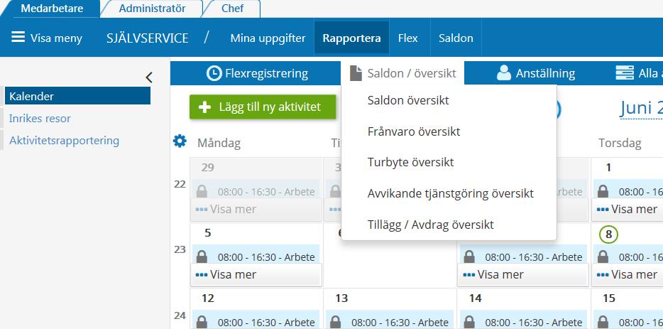 Saldon/översikt Under denna flik kan du på ett enkelt sätt få en översikt på dina olika poster. På Saldon översikt visas bland annat hur semestersaldot och komptiden ser ut.