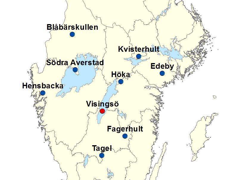 Figur 2. En karta över mätplatserna som jämförs i denna rapport: Visingsö, Blåbärskullen, Södra Averstad, Höka, Edeby, Fagerhult, Hensbacka, Kvisterhult samt Tagel.