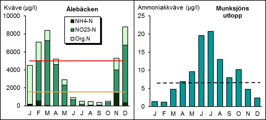 Figur 5. Till vänster halter av olika kvävefraktioner i Ålebäcken år 2016 (NH4-N = ammoniumkväve, NO23-N = nitrit-+nitratkväve, Org.N = organiskt bundet kväve).