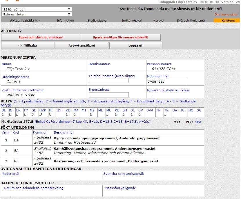 Kvittenssidan 1. Under rubriken Personuppgifter kan du ändra ditt telefonnummer hem, lägga till eller ändra mobilnummer och e-postadress.