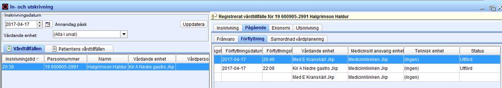 därifrån. Förflyttning åter till MAE 4.1 Patienten flyttas tillbaka till medicinskt ansvarig enhet Högerklicka på patienten i inskrivningsöversikten och välj Förflytta.