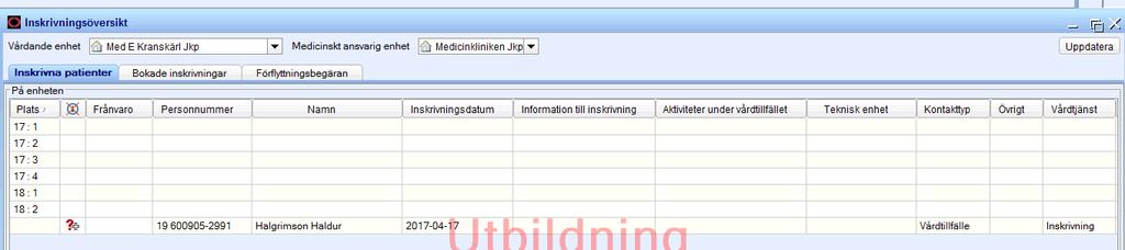 2 Åter på inskrivningsöversikten på medicinskt ansvarig enhet Patienten finns nu åter på inskrivningsöversikten på ursprungliga enheten och tilldelas en sängplats Utskrivning 5.