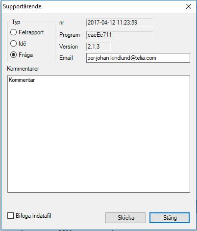 caeec711 Vinge Sidan 14(15) 4.3 Hjälp Under Hjälp i menyn finner du en kortare beskrivning Om programmet caeec711 Vinge. 4.3.1 Ärende För Ärende till Eurocode Software AB som kan gälla felrapport, idé eller någon fråga som uppkommer när du arbetar med caeec711.