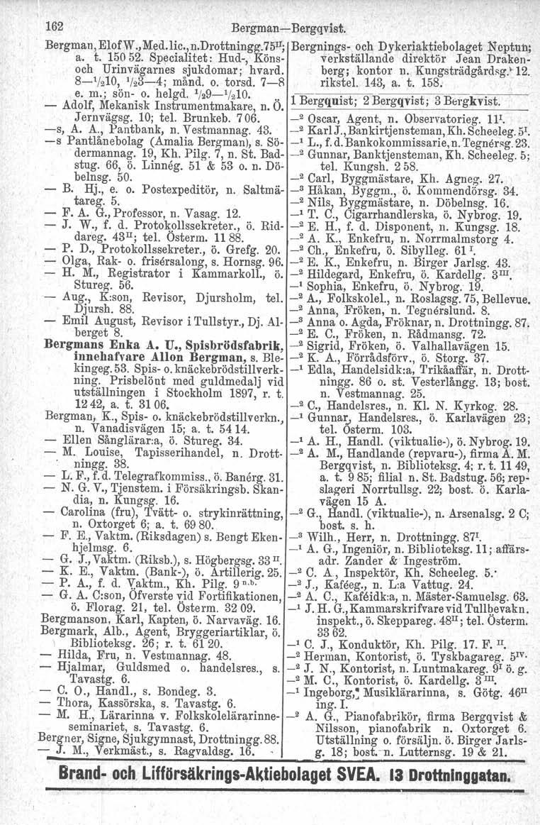 162 Bergman Bergqvist. Bergman, ElofW., Med. Iic., n.drottningg. 75 Il ; Bergnings och Dykeriaktiebolaget Neptun; a. t. 15052.