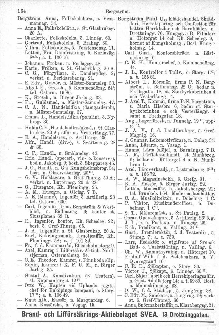 164. ~ergström., Bergström, Anna, Folkskolelär:a, n. Vest! Bergström Paul U., Klädeshandel, Skrädmannag. 54. deri, Herrekipering och Confection för Anna E., Folkskolelär:a, s. St. Glasbruksg.