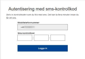 Logga in i registret Sidan Autentisering med SMSkontrollkod