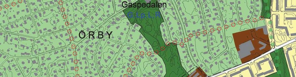 I friyteområdet Gaspedalen finns följande sociala värden: G= grön oas, Lp= lekplats, L= naturlek, R= ro.