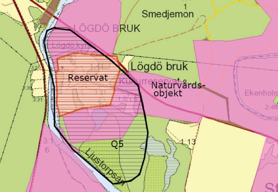 Q5, Lögdö Bruk vid Ljustorpsån Den gamla bruksmiljön är i dag ett kommunalt kulturreservat. SCA äger omgivande mark inom föreslaget område. Ljustorpsån erbjuder fina fiskevatten.
