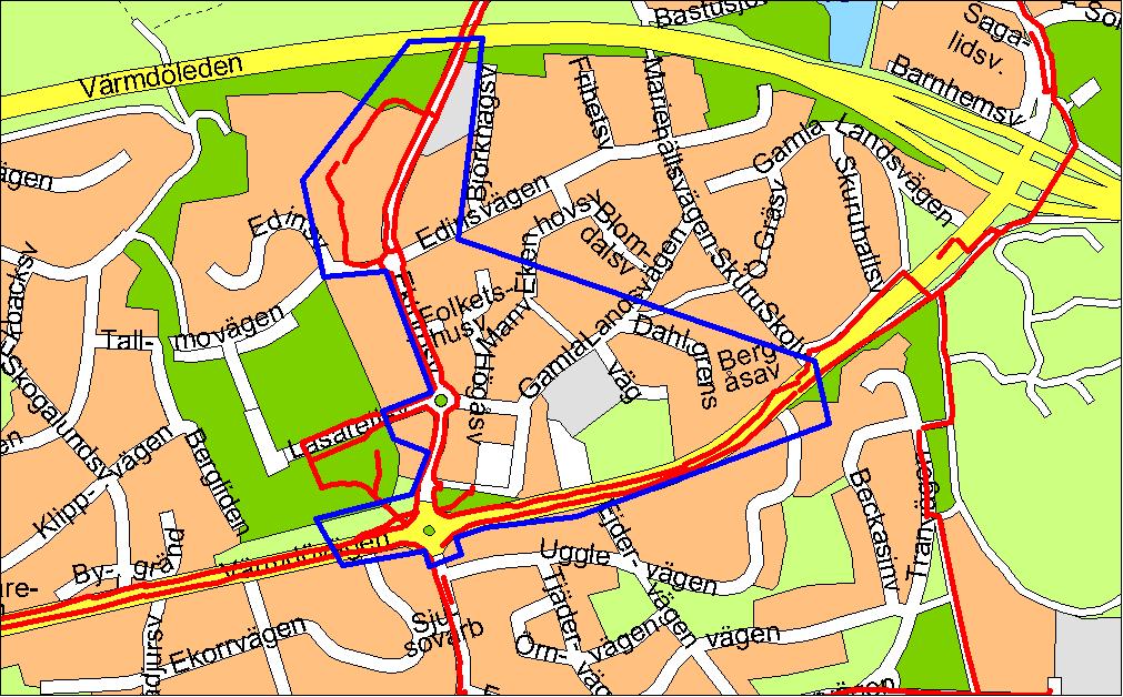 Område E, Ektorp Centrum. Inom området bor det cirka 1800 personer och antalet arbetsplatser inklusive Nacka sjukhus uppgår till cirka 1200 stycken.