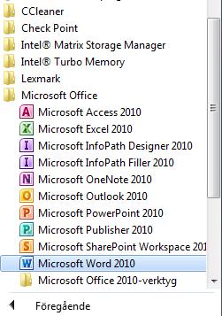 Förflytta nu muspekaren till en programgrupp som heter Microsoft Office. Klicka en gång på mappen så den öppnas. Välj sedan att starta Microsoft Word 2010 genom att klicka på den.