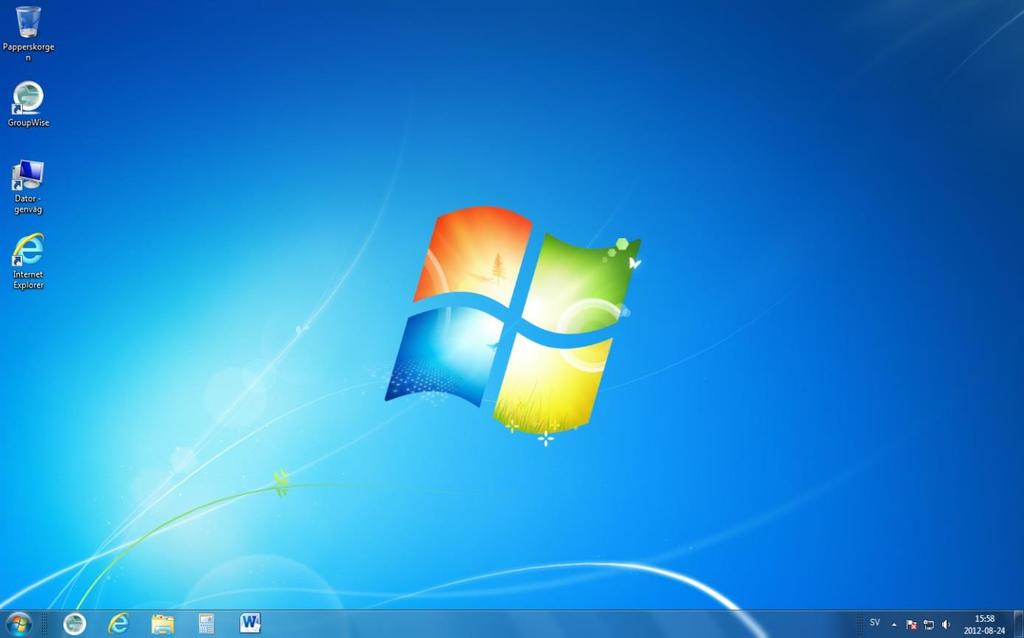 Windows 7 När det efter en liten stund visas en bild på bildskärmen så har du kommit in i Windows och du ser det som kallas för skrivbordet.