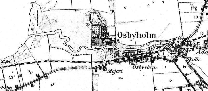 Kartbild över Osbyholm från 1915. Slottet och dess parkmiljö ingår som del i riksintresset för kulturmiljövården, K67.