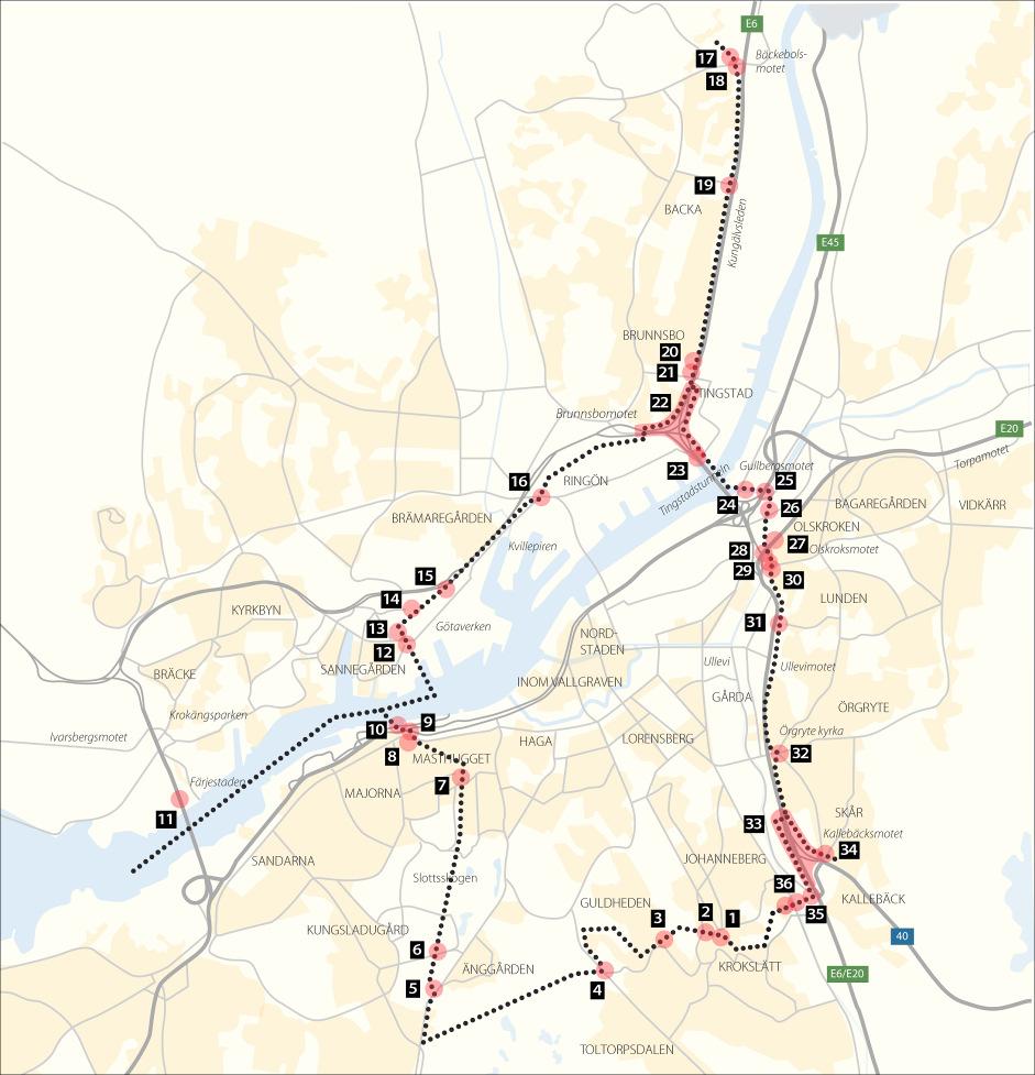 Figur 1 En översiktlig karta over placering av de 36 betalstationer för trängselskatten I Göteborg.