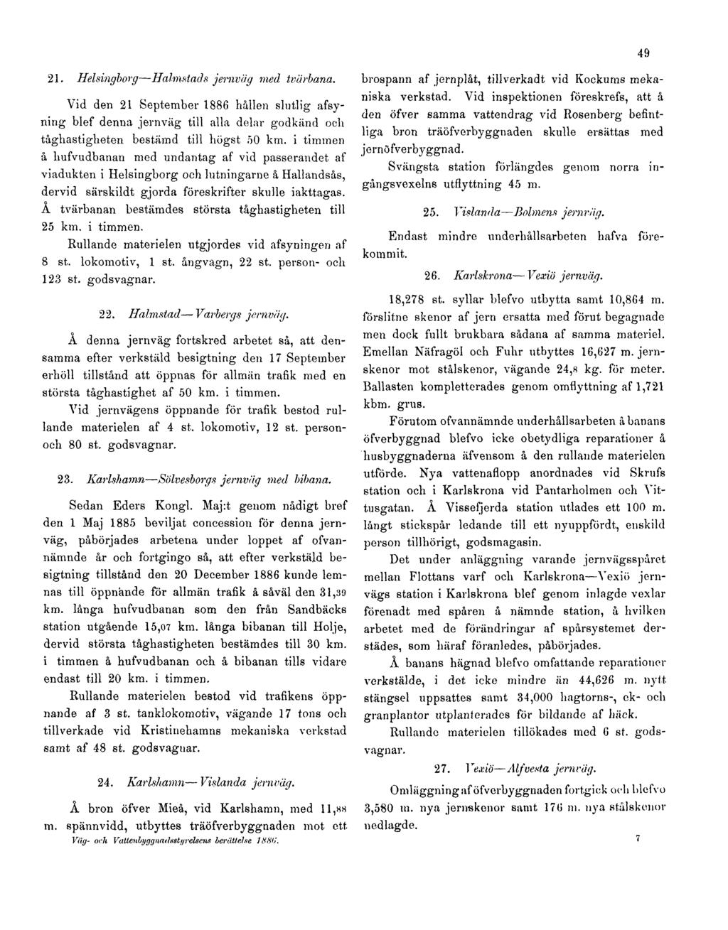 49 21. Helsingborg Halmstads jemväg med tvärbana. Vid den 21 September 1886 hållen slutlig afsyning blef denna jemväg till alla delar godkänd och tåghastigheten bestämd till högst 50 km.