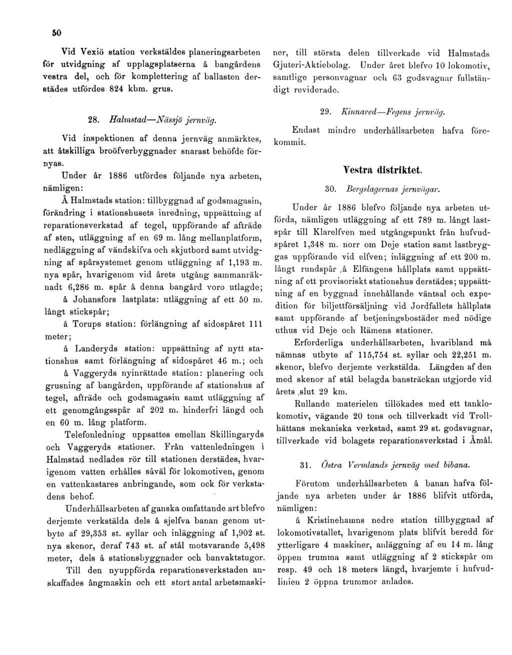 50 Vid Vexiö station verkstäldes planeringsarbeten för utvidgning af upplagsplatserna å bangårdens vestra del, och för komplettering af ballasten derstädes utfördes 824 kbm. grus. 28.