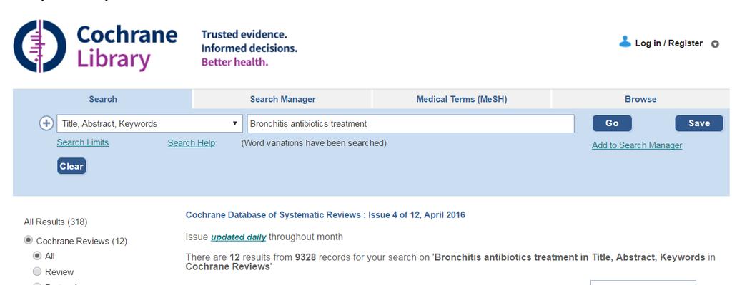 efter en författare - klicka på pilen och en rullgardinsmeny visas välj Author Exempel: Bronchitis antibiotics treatment AND läggs in automatiskt mellan orden Sökresultatet