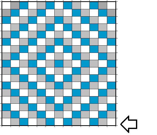 Beskrivning: Här ses mönstret i filten. Varje fyrkant är 1 C2C ruta 6x6. Det börjas i höger sida och blocken virkas ihop mot vänster.