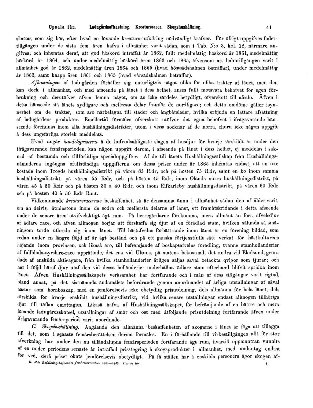 Upsala län. Ladugårdsafkastning. Kreatursracer. Skogshushållning. 41 skattas, som sig bör, efter hvad en lönande kreaturs-utfodring nödvändigt kräfver.