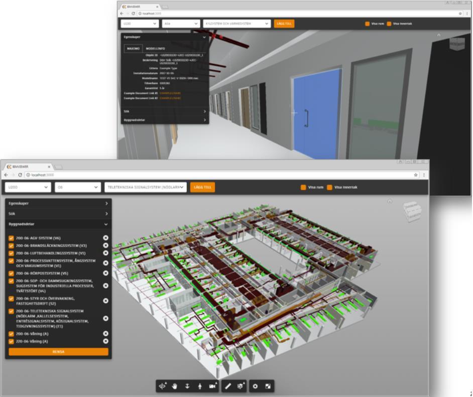 En Viewer ger möjlighet att skapa en digital tvilling av byggnaden för att sedan kunna röra sig i byggnaden, klicka på installationer och direkt få information om objektet i skärmen.