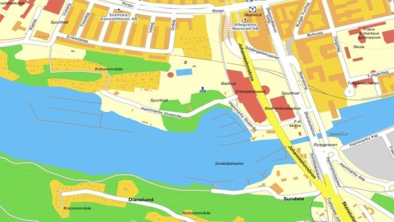 , Stockholm 5. Områdesbeskrivning Undersökt område är beläget kring det område som kallas och omfattar området kring Eriksdalsbadet, se figuren nedan. Figur 1.