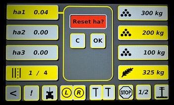 11.5.1 Arealmätaren ha1 Bild 47, 1. Ifrågavarande arealmeny är aktiverad när den är gul. Från tangenten kan man avläsa den sådda arealen sedan senaste nollställning.