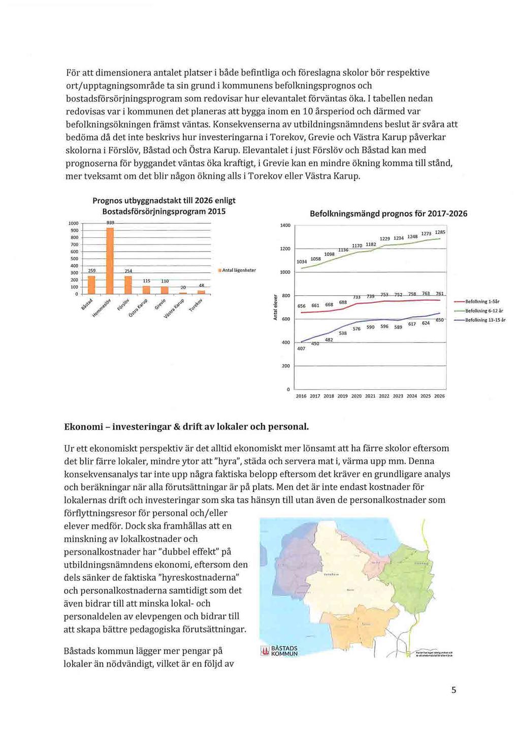 För att dimensionera antalet platser i både befintliga och föreslagna skolor bör respektive ort/pptagningsområde ta sin grnd i kommnens befolkningsprognos och bostadsförsörjningsprogram som redovisar