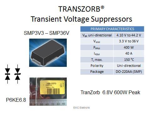 Varistor (MOV = metal oxide varistor, VDR = voltage dependent resistor). Mellan två metallelektroder i en VDR finns ett skikt av bimetall som uppför sig som små dioder riktade mot varandra.