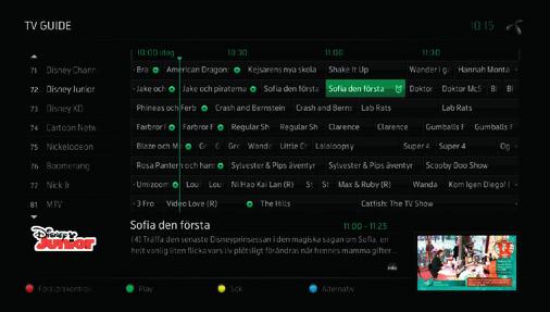 Tv-guide (EPG) Sid 7 3. Tv-guide (EPG) Tv i nutid, framtid och dåtid Tryck på så kommer du till tv-guiden.