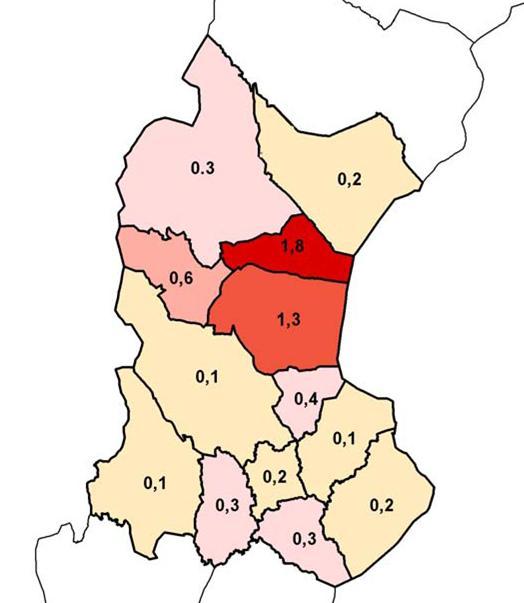 Figur 5. Medelpad och Hälsingland drabbas hårdast av stormen Dagmar. Detta framgår av kartan som visar volymen timmer som då fälldes m3sk per hektar (Fries 2012).