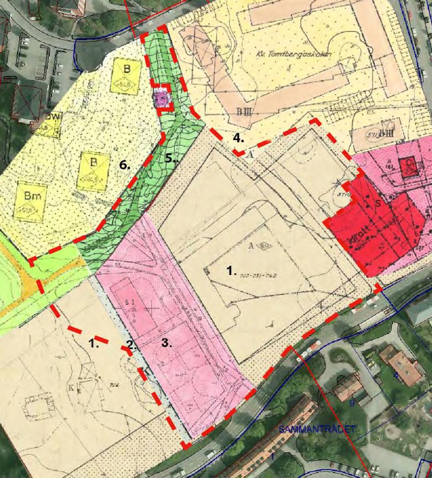 11 (50) Planmosaik över gällande planer. Planområdesgräns ungefärligt markerad med rödstreckad linje.