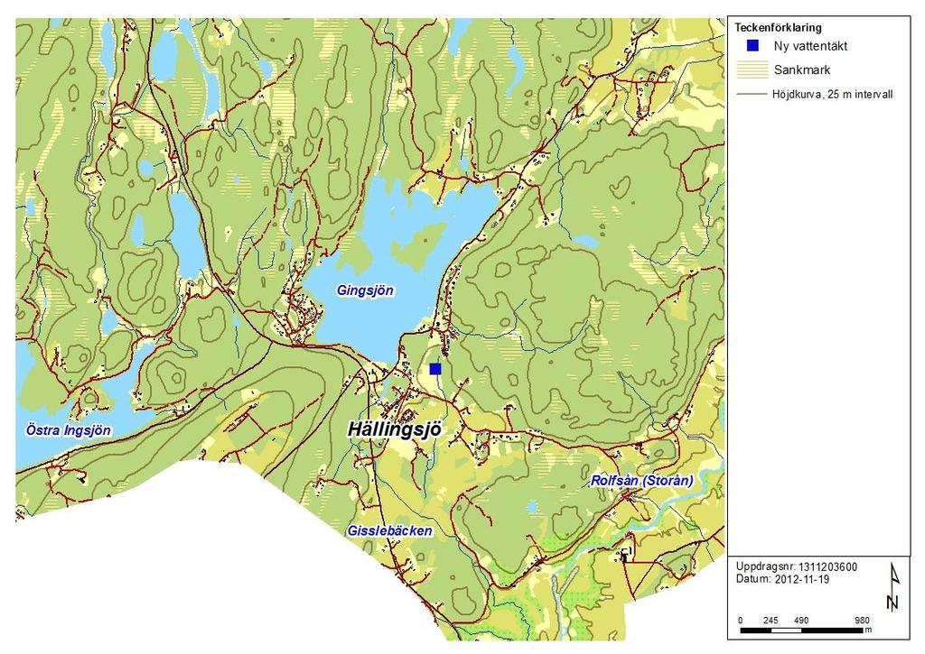 Figur 3. Närliggande ytvattendrag vid Hällingsjös nya grundvattentäkt. Lantmäteriverket. Ärende nr M2006/1022. 3.2.2 Grundvatten I samband med undersökningar i området anlades en bergbrunn som även provpumpades.