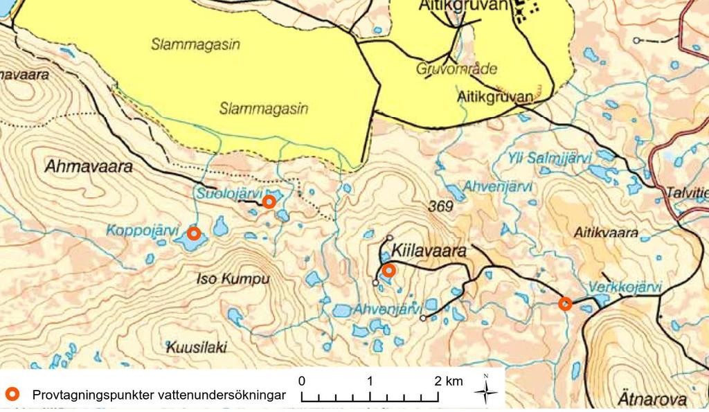 Figur 13. Karta som visar med röda ringar provtagningspunker för vattenundersökningarna.