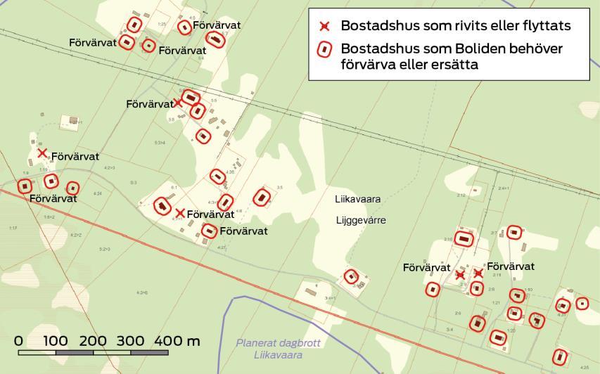 Figur 20. Bostäder i Liikavaara som Boliden förvärvat eller avser förvärva inför den planerade verksamheten. Status i maj 2018 (Källa Enetjärn, 2018). Figur 21.