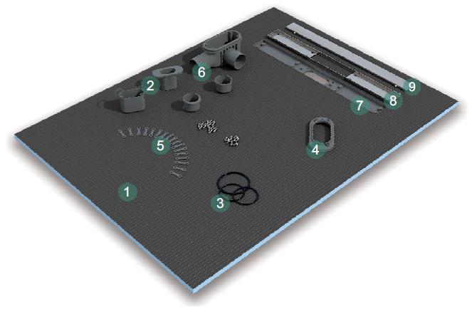 SYSTEMKOMPONENTER 1. duschgolv, kanthöjd 30 mm 2. vattenlås / golvbrunnens innerdel 3. gummitätningar 3 st 4. kopplingsring för fastmontering av golvbrunnen 5.