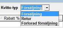 3.3.1. Lista artiklar vid retur Vid kvittotyp anger man om det är ett försäljnings- eller returkvitto. Välj retur och scanna/skriv in artiklarna. 3.3.2.