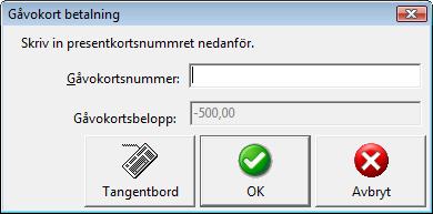 Hur man tar betalt med presentkort 1. Skapa ett nytt kvitto och lägg till artiklarna som vanligt. 2. Välj Betalning. 3. Ange summan på presentkortet och klicka sedan Present. 4.