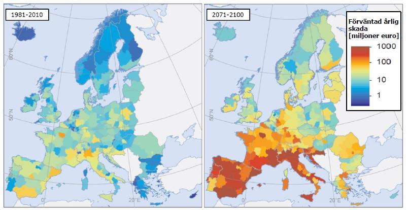 Varför klimatanpassning? Förväntad årlig skada på kritisk infrastruktur i europeiska regioner p.g.a. klimatförändringar i slutet av århundradet (miljoner euro).