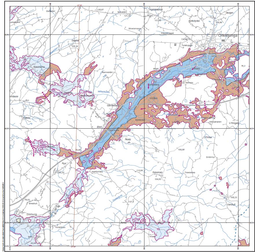 Figur 3. Jrdartskarta över mrådet. Den röda rmben markerar läget för Ekets brunnsmråde. Grönt = isälvsmaterial, rsa=svämsediment, rött=berg, blått=mrän, brunt=rganiska jrdarter.