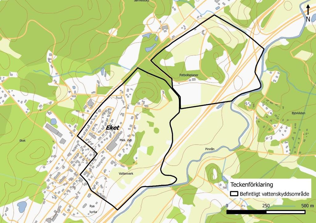 6(33) Figur 2. Nuvarande vattenskyddsmråde för Eket ch Sånnestrp. 3 Tpgrafi ch markanvändning Området kring Eket kännetecknas av Pinnåns breda dalgång sm sträcker sig i nrdsydlig riktning.